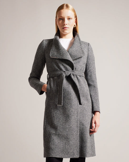 ROSEANE-Outerwear-Wrap yourself in elegance and warmth with the exquisite ROSEANE. Made from 100% wool with a herringbone texture, this coat exudes timeless style. Metal edge details refine the look for everyday wear. Wrap coat 100% wool Belted waist Button fastening Metal hardware tipping Pockets Herringbone texture Midi length- Ted Baker Romania